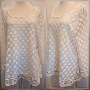 Lace Top Blouse White Polka Dots Contemporary Preppy Couture  XL Classy Couture